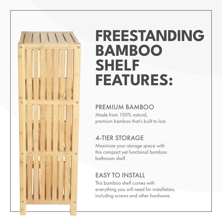 Étagère de salle de bain autoportante de luxe à 4 niveaux en bambou — Écologique, 35,5 x 25,4 x 86,3 cm