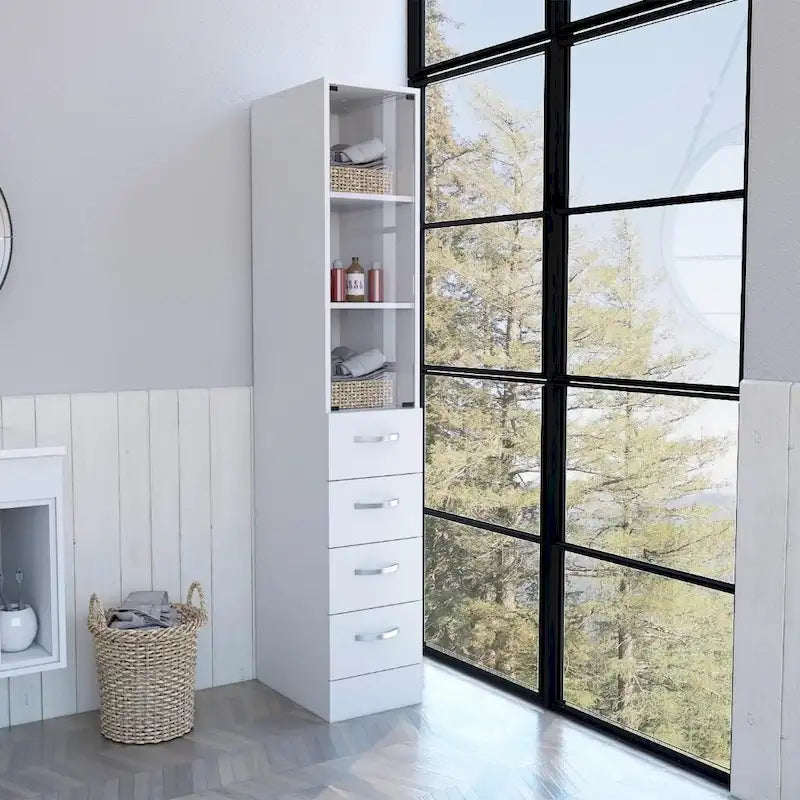 Meuble de rangement blanc avec porte vitrée, 3 étagères intérieures et 3 tiroirs
