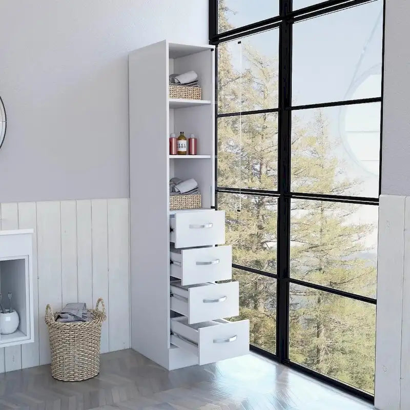 Meuble de rangement blanc avec porte vitrée, 3 étagères intérieures et 3 tiroirs