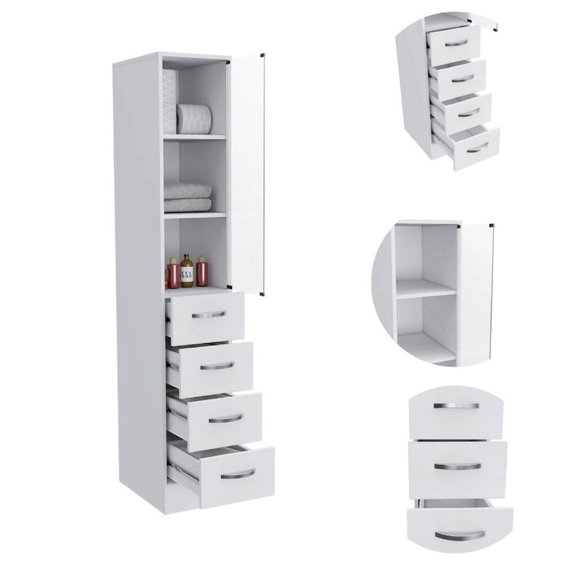 Meuble de rangement blanc avec porte vitrée, 3 étagères intérieures et 3 tiroirs