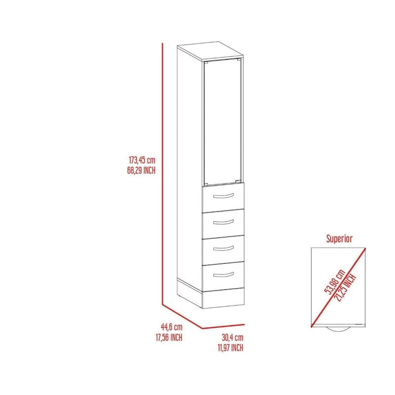 Meuble de rangement blanc avec porte vitrée, 3 étagères intérieures et 3 tiroirs