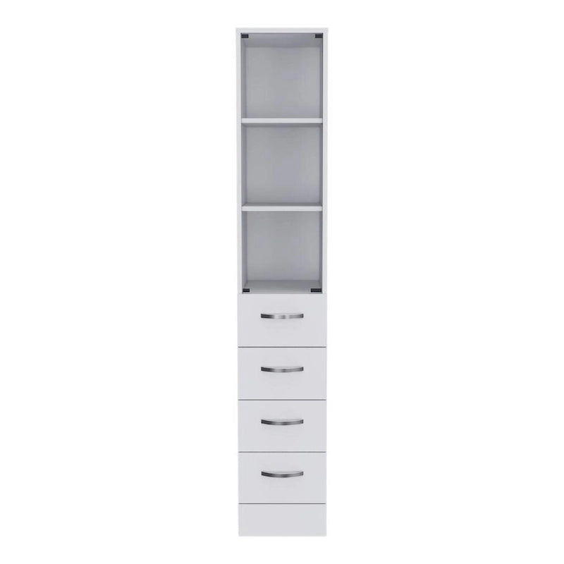 Meuble de rangement blanc avec porte vitrée, 3 étagères intérieures et 3 tiroirs