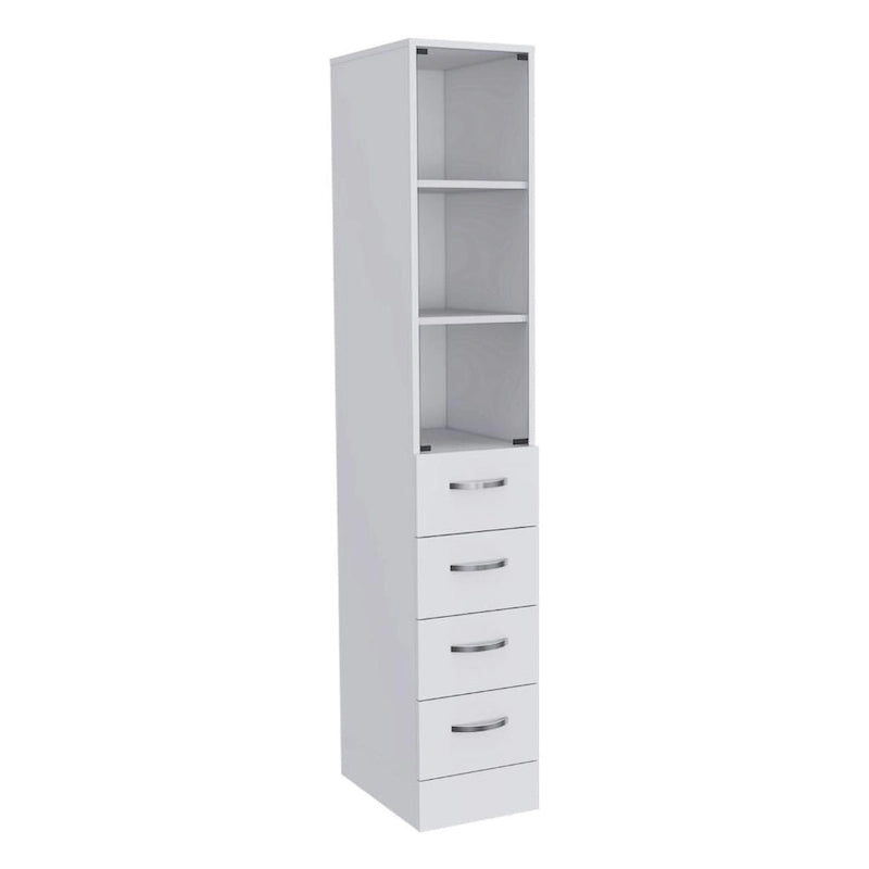 Armario de lino blanco con puerta de cristal, 3 estantes interiores y 3 cajones