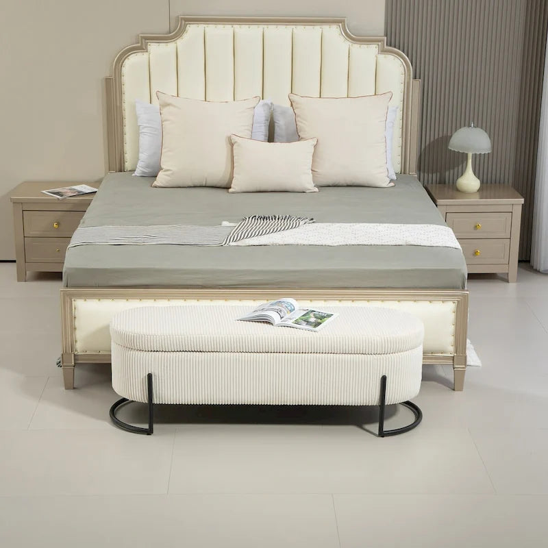 Banc de rangement ottoman, Banc de bout de lit de chambre à coucher, Banc de rangement ottoman en tissu rembourré avec charnière de sécurité, Repose-pieds rembourré d'entrée