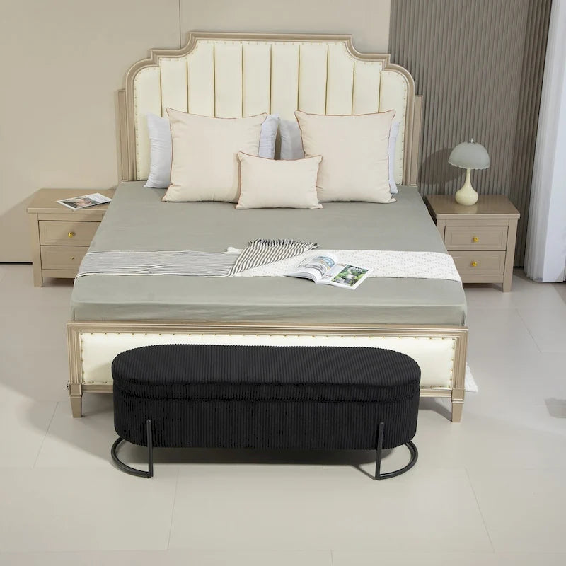 Otomana de almacenamiento, banco de dormitorio, otomana de almacenamiento de tela tapizada con bisagra de seguridad, reposapiés acolchado para entrada