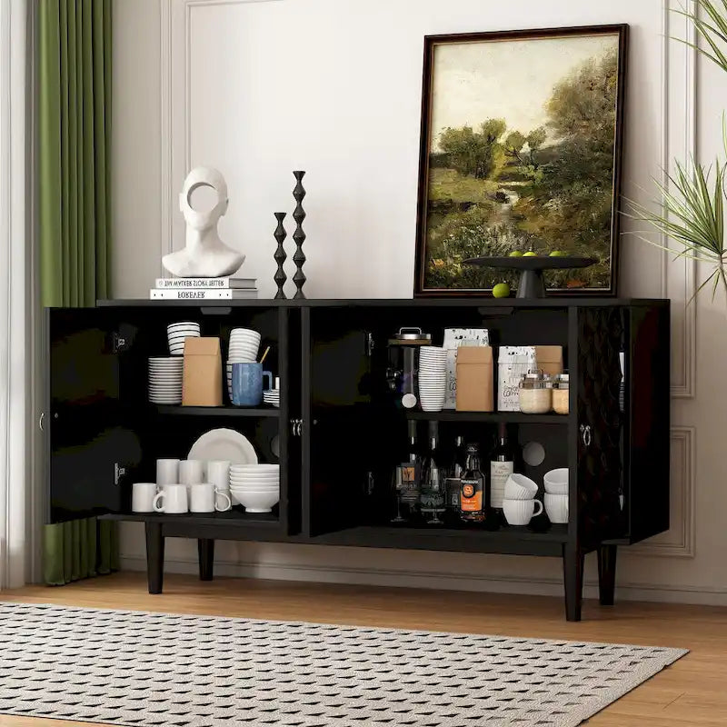 Aparador moderno de 4 puertas con patrón convexo y tiradores plateados