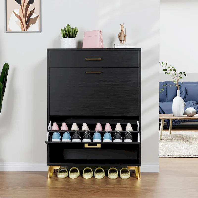 Meuble à chaussures pour entrée, Meuble de rangement pour chaussures autoportant avec 2 tiroirs basculants, Organisateur de rangement pour chaussures caché