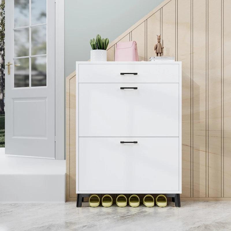 Meuble à chaussures pour entrée, Meuble de rangement pour chaussures autoportant avec 2 tiroirs basculants, Organisateur de rangement pour chaussures caché