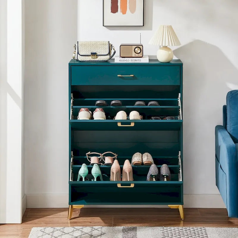 Meuble à chaussures pour entrée, Meuble de rangement pour chaussures autoportant avec 2 tiroirs basculants, Organisateur de rangement pour chaussures caché