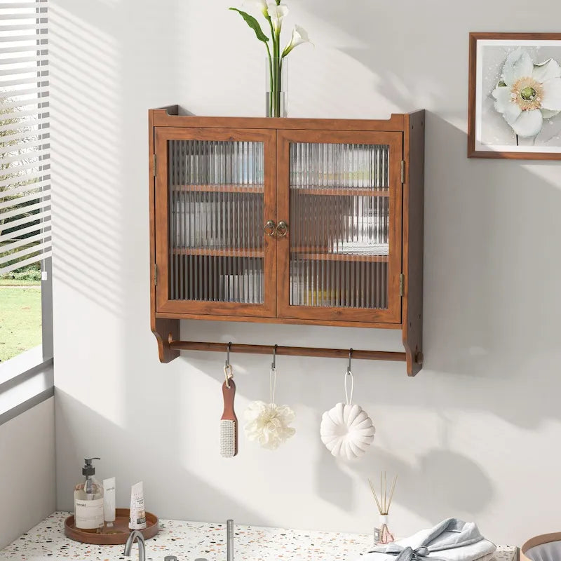 Armoire murale vintage en verre de 63 cm avec portes doubles, 3 niveaux de rangement et porte-serviettes