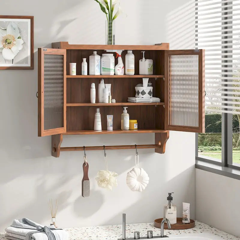 Armoire murale vintage en verre de 63 cm avec portes doubles, 3 niveaux de rangement et porte-serviettes