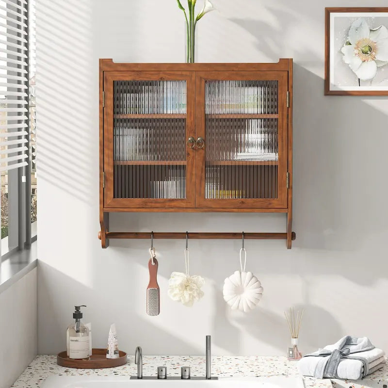 Armoire murale vintage en verre de 63 cm avec portes doubles, 3 niveaux de rangement et porte-serviettes