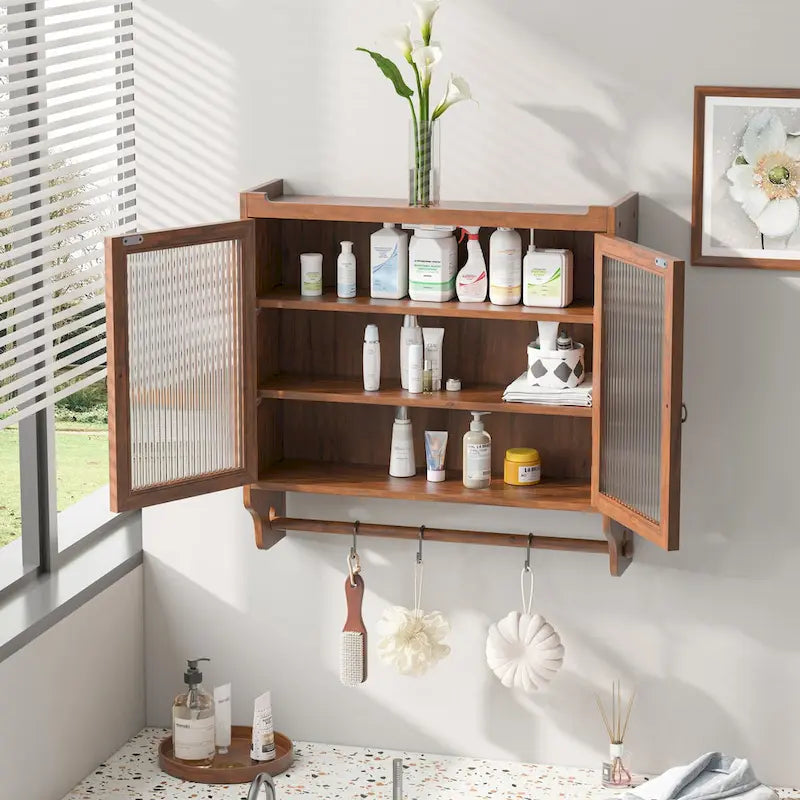 Armoire murale vintage en verre de 63 cm avec portes doubles, 3 niveaux de rangement et porte-serviettes