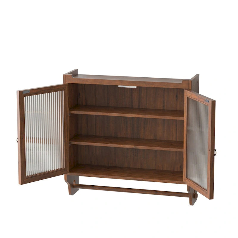 Armoire murale vintage en verre de 63 cm avec portes doubles, 3 niveaux de rangement et porte-serviettes